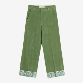 Valentino Washed Cotton Linen Velvet Jacquard Hem Trousers