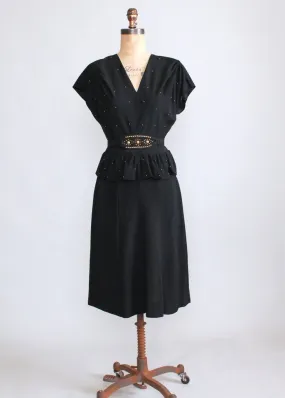 Vintage 1940s Gold Studded Black Crepe Swing Dress