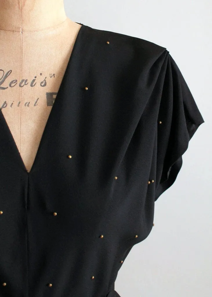 Vintage 1940s Gold Studded Black Crepe Swing Dress