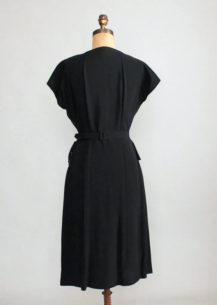 Vintage 1940s Gold Studded Black Crepe Swing Dress