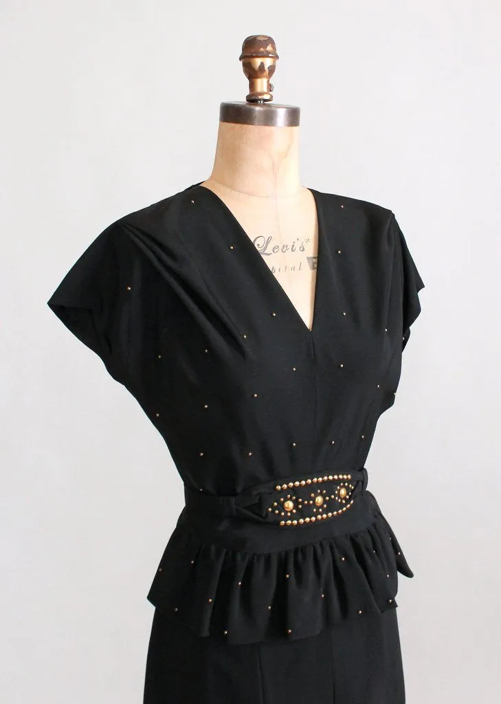 Vintage 1940s Gold Studded Black Crepe Swing Dress