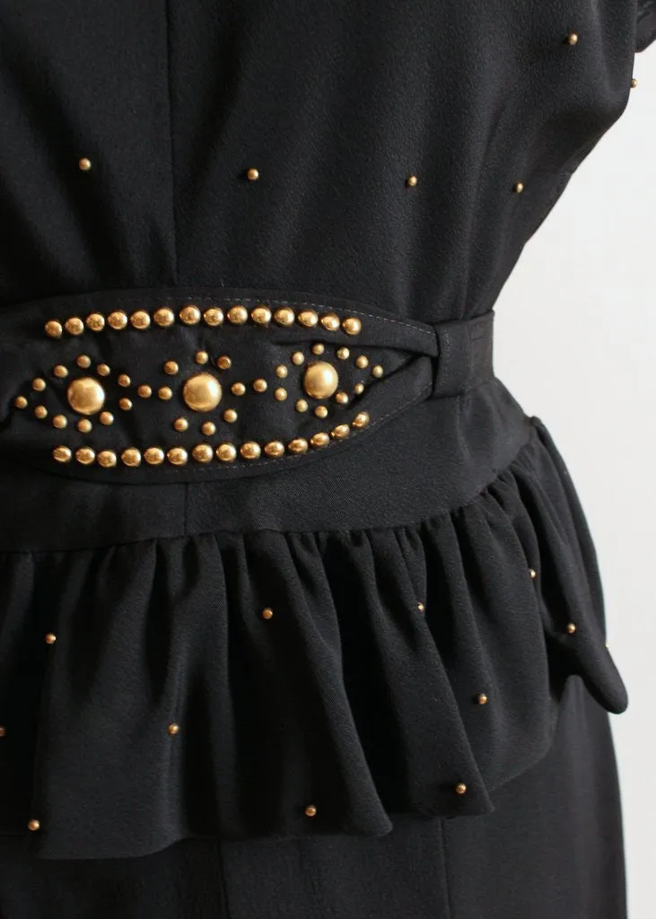 Vintage 1940s Gold Studded Black Crepe Swing Dress