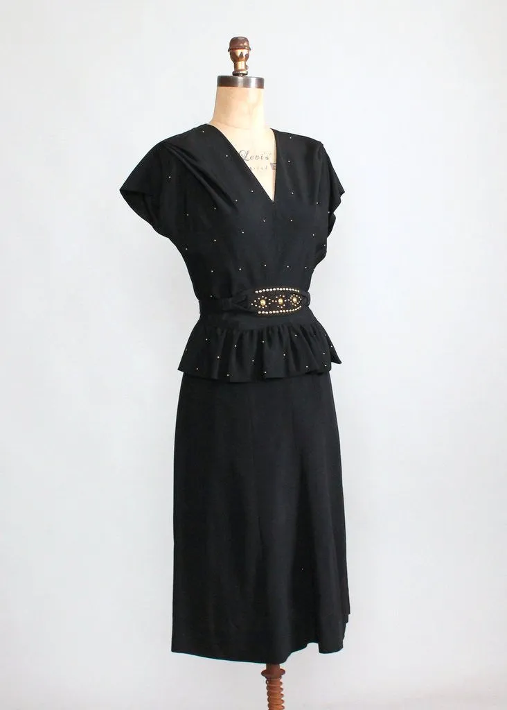 Vintage 1940s Gold Studded Black Crepe Swing Dress