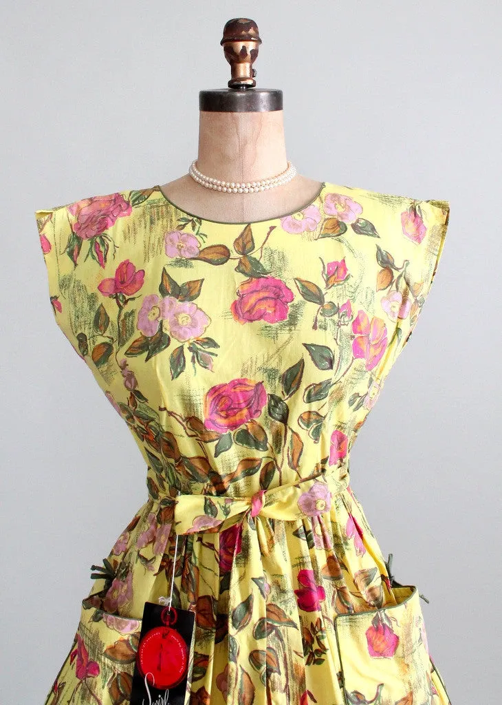 Vintage 1950s Swirl Floral Sketch Wrap Dress NOS