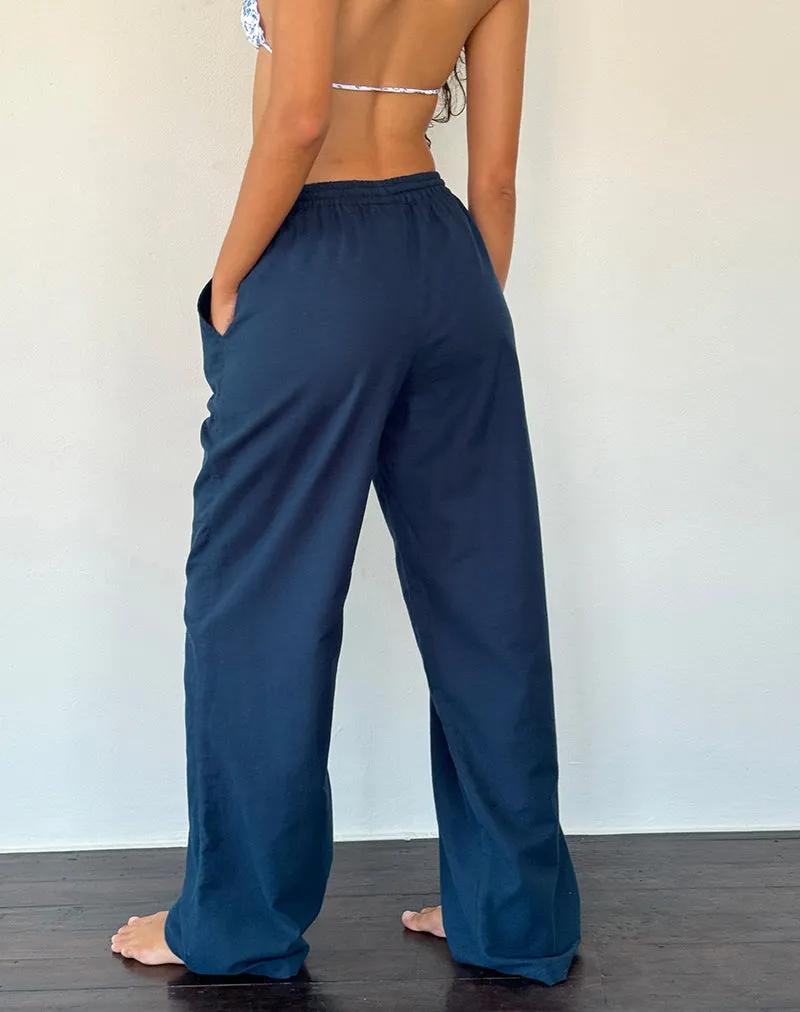 Wasic Wide Leg Linen Trouser in Navy