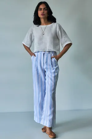 White Linen Top With Linen Striped Trousers