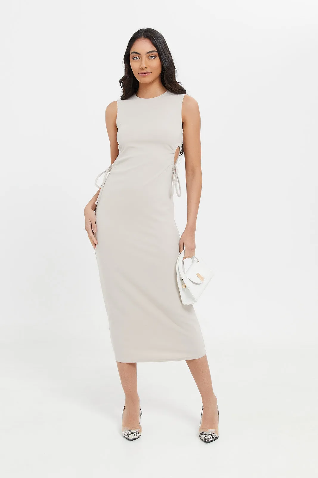 Women Beige Bodycon Midi Dress