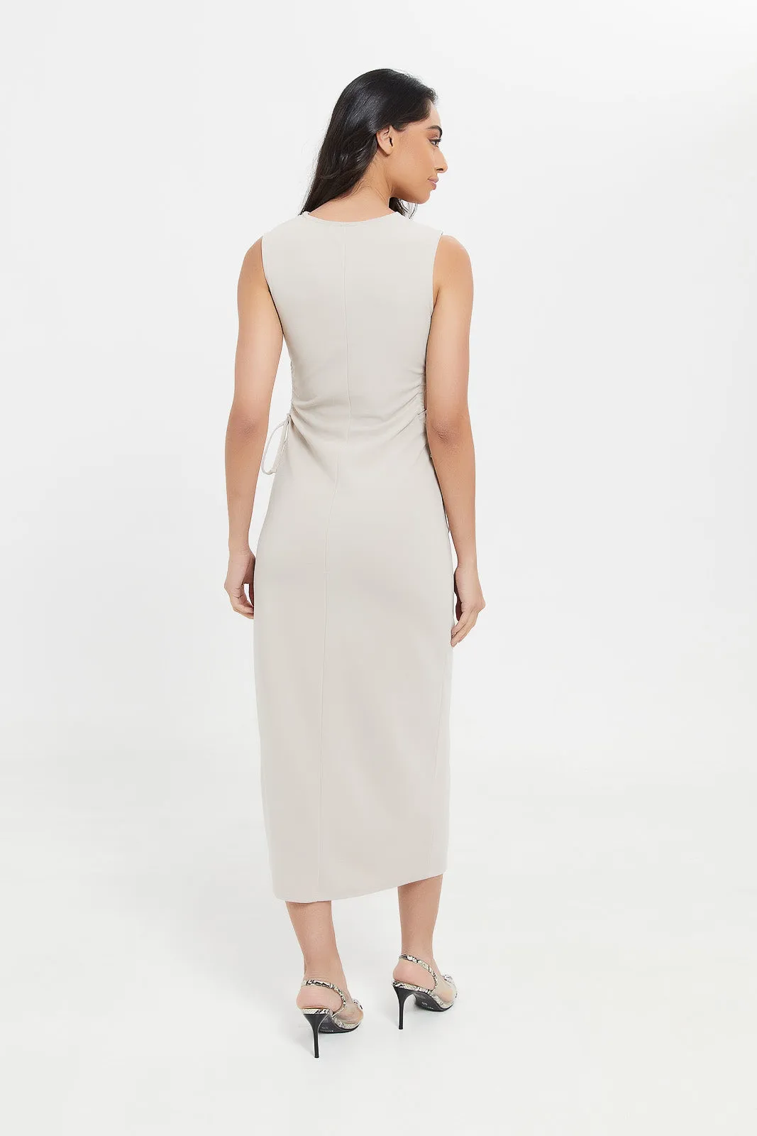 Women Beige Bodycon Midi Dress