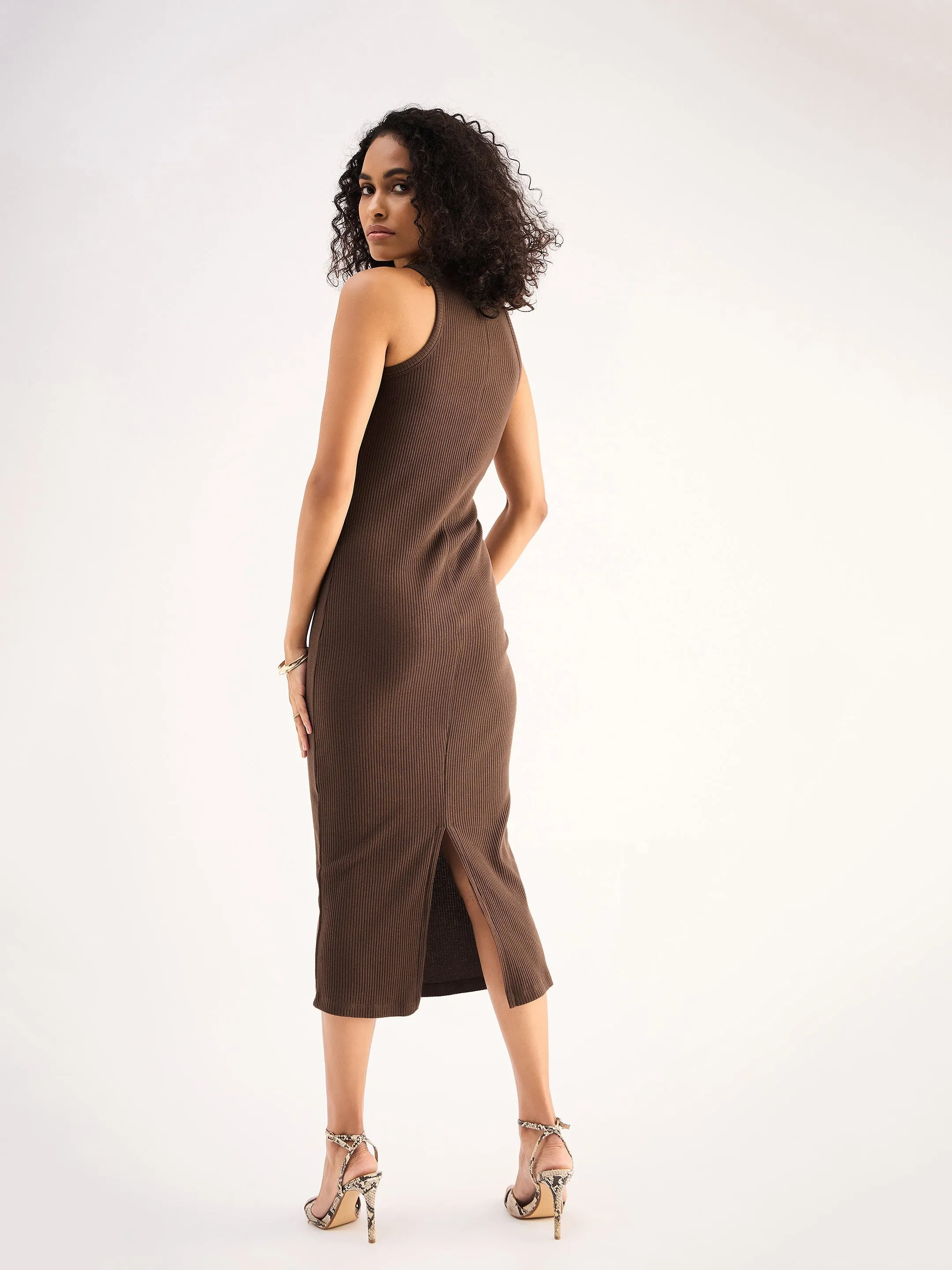 Women Brown Rib Sleeveless Bodycon Midi Dress