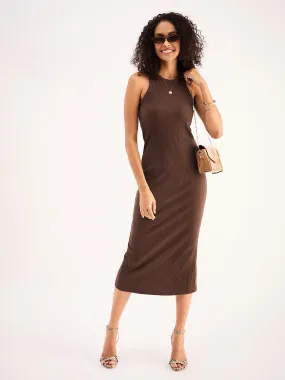 Women Brown Rib Sleeveless Bodycon Midi Dress