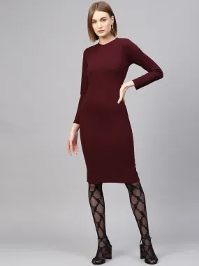 Women Burgundy Rib Full Sleeves Bodycon Dress