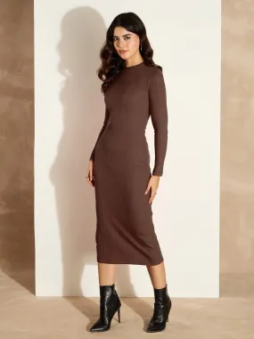 Women Dark Brown Rib Bodycon Full Sleeves Midi Dress