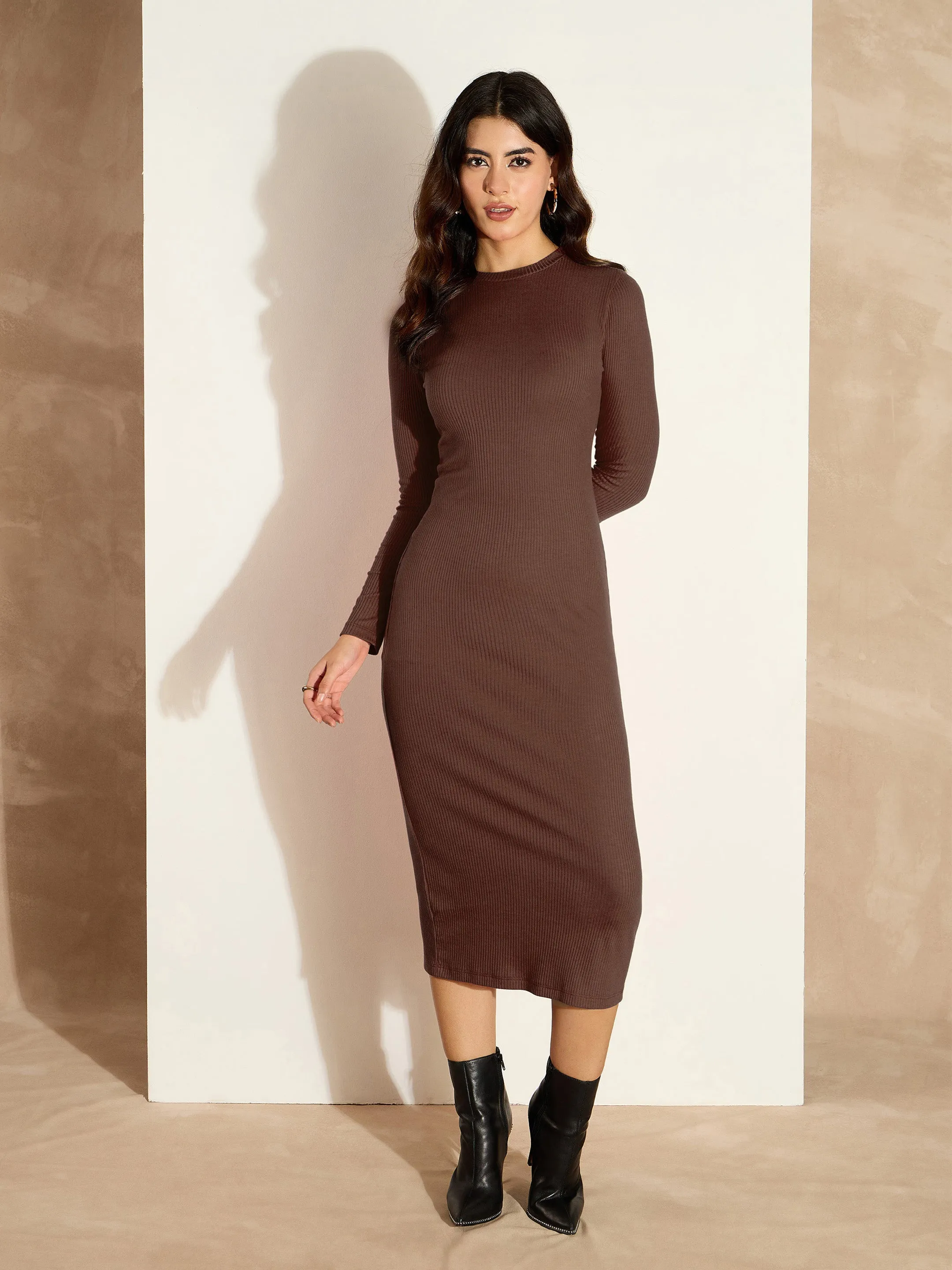 Women Dark Brown Rib Bodycon Full Sleeves Midi Dress