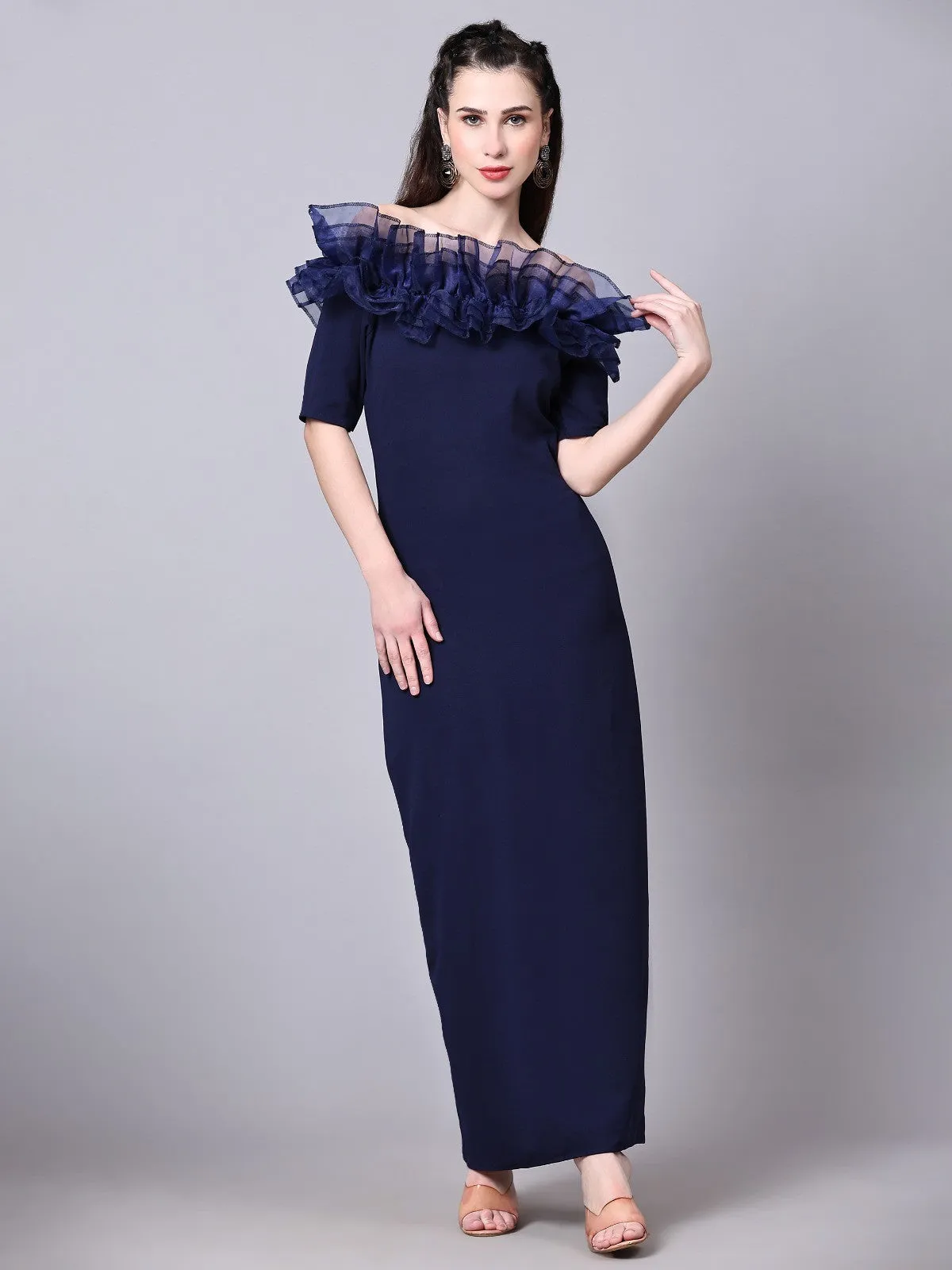 Women Stylish Solid Cotton Lycra Short Sleeve Maxi/Full Length Bodycon Navy Blue Dress