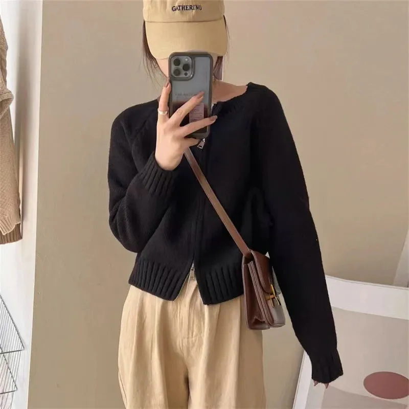 Women Sweet Zipper Cropped Sweaters Korean Knitted Cardigan Autumn Vintage Knitwear Coat Casual Short Jumpers Jackets Outerwear