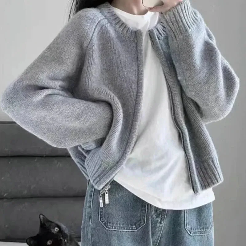 Women Sweet Zipper Cropped Sweaters Korean Knitted Cardigan Autumn Vintage Knitwear Coat Casual Short Jumpers Jackets Outerwear