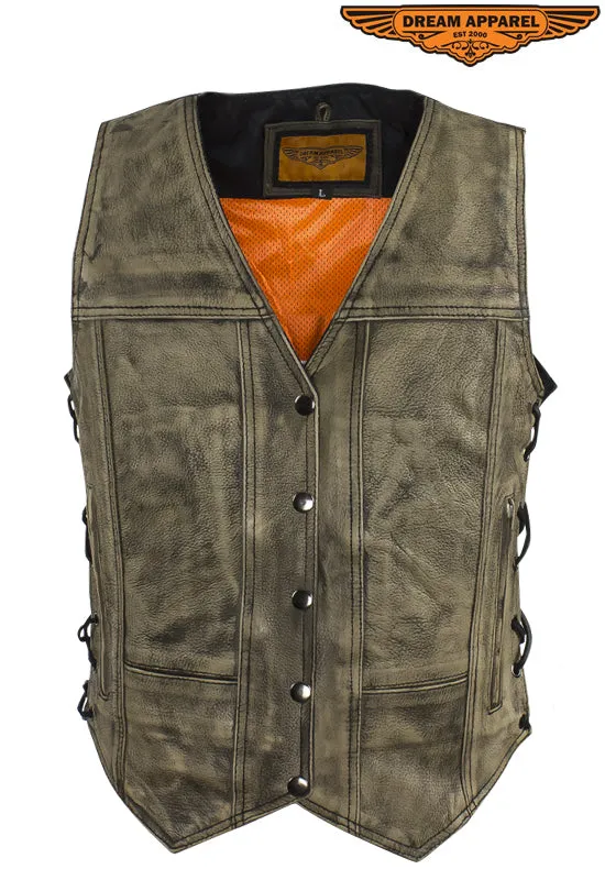 Womens Distressed Brown Leather Motorcycle Vest With Side Laces