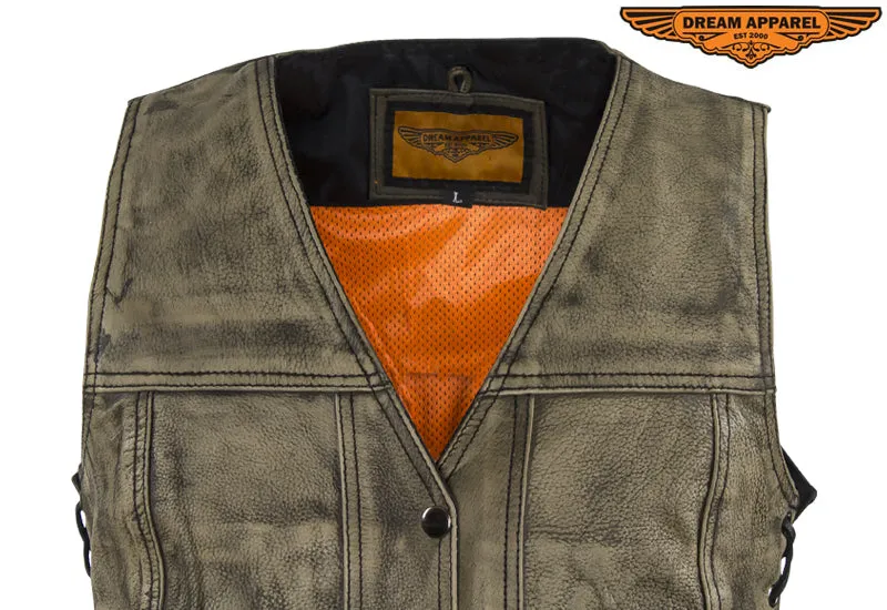 Womens Distressed Brown Leather Motorcycle Vest With Side Laces