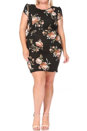 Women's Elegant Plus Size Floral Pencil Work Dresses Short Sleeve Round Neck with Belt