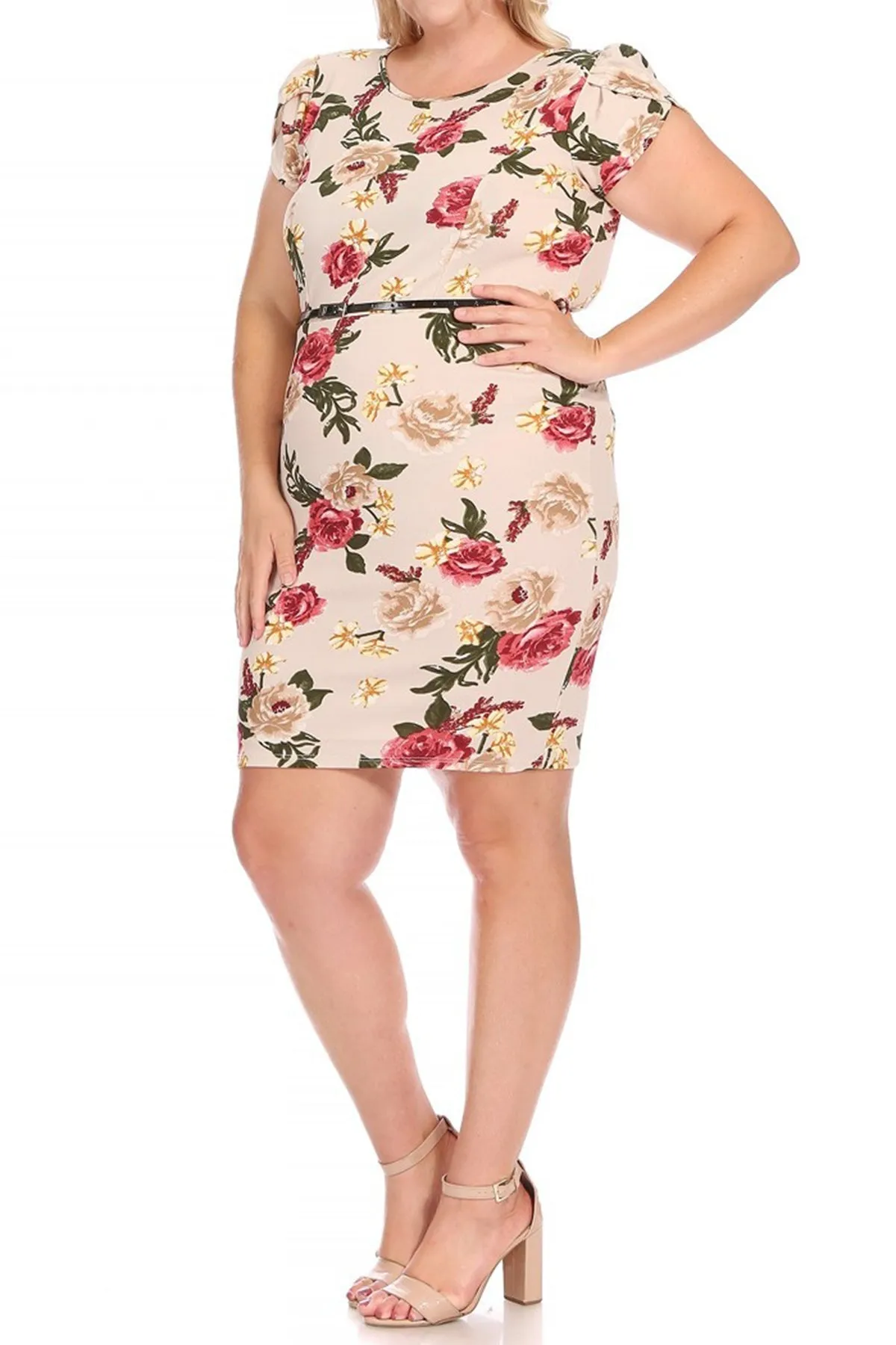 Women's Elegant Plus Size Floral Pencil Work Dresses Short Sleeve Round Neck with Belt