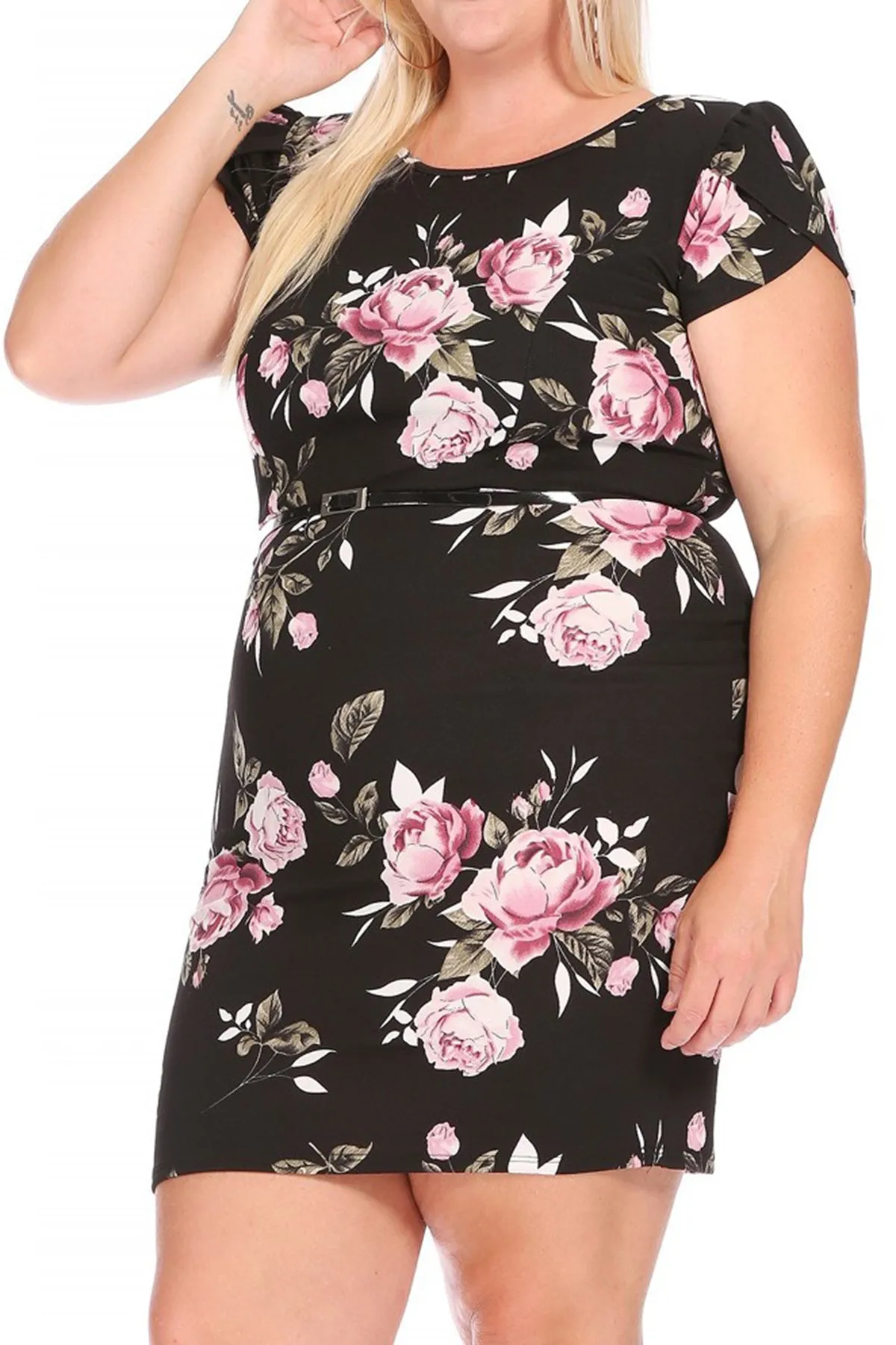 Women's Elegant Plus Size Floral Pencil Work Dresses Short Sleeve Round Neck with Belt