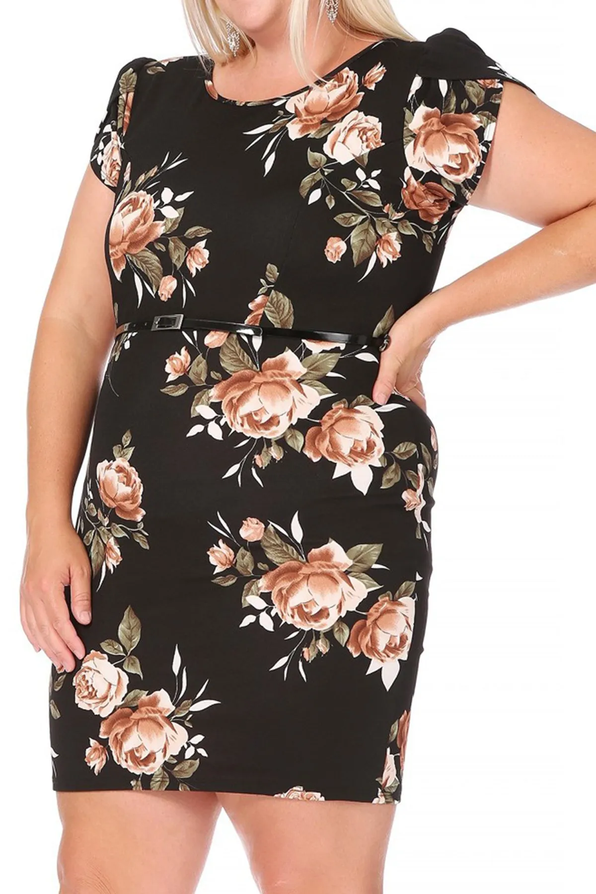 Women's Elegant Plus Size Floral Pencil Work Dresses Short Sleeve Round Neck with Belt