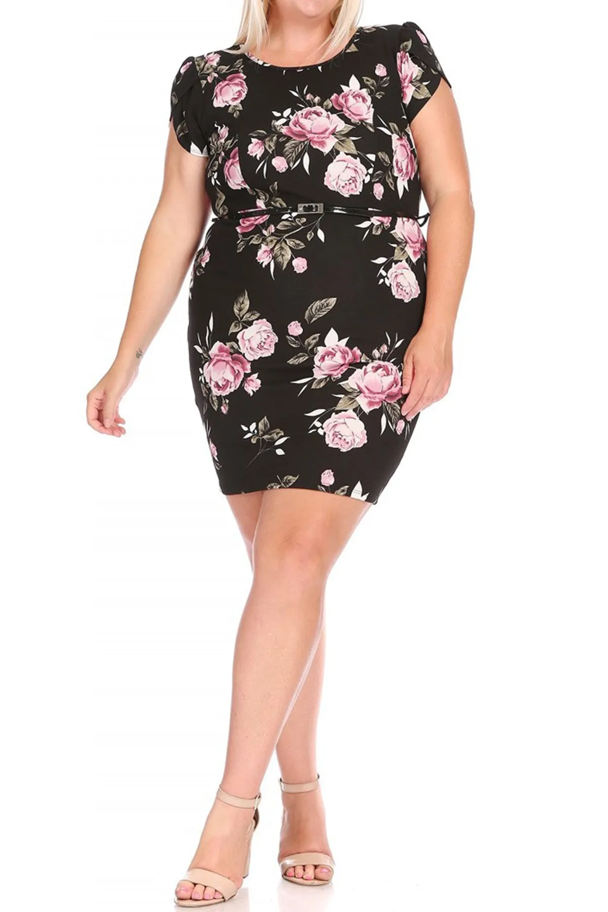 Women's Elegant Plus Size Floral Pencil Work Dresses Short Sleeve Round Neck with Belt