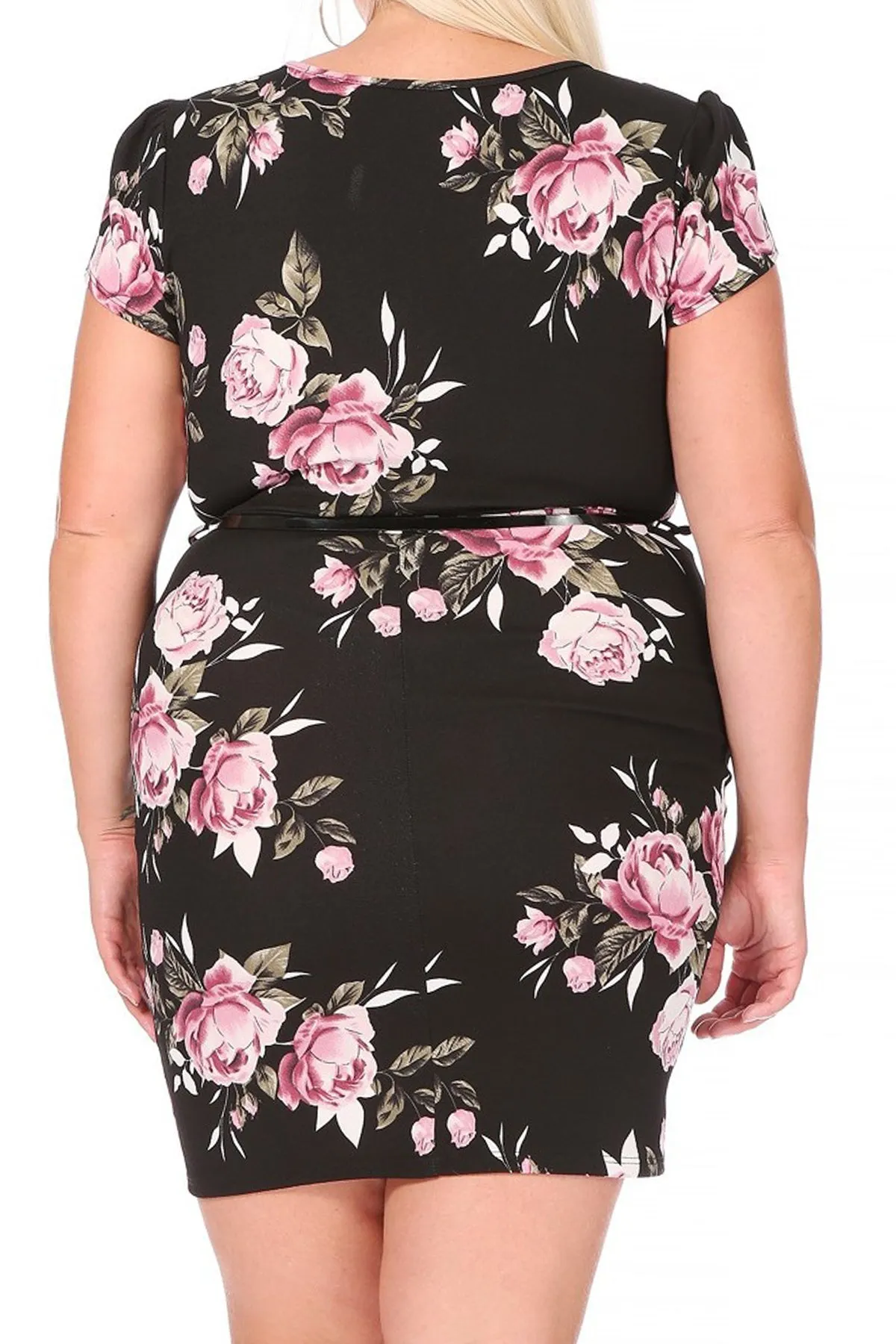 Women's Elegant Plus Size Floral Pencil Work Dresses Short Sleeve Round Neck with Belt