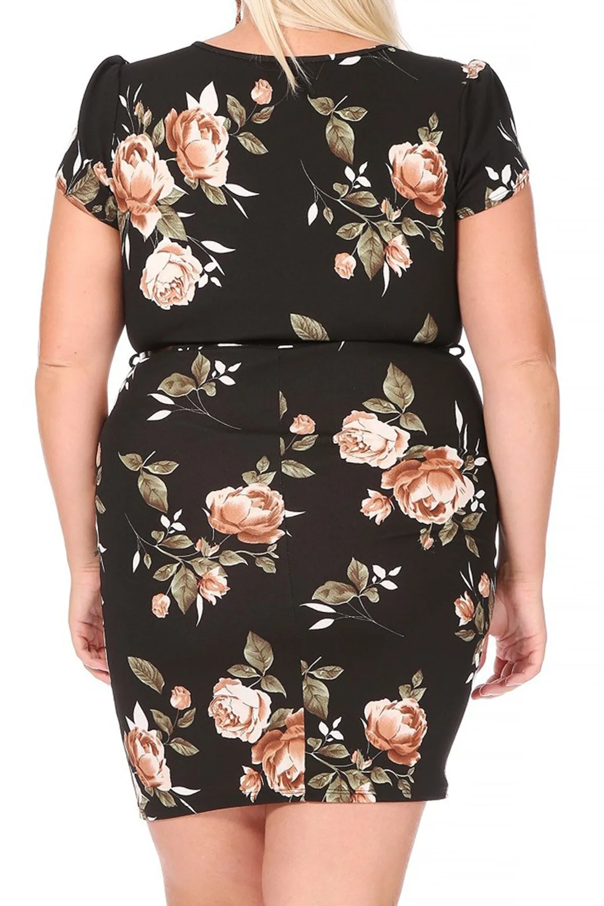 Women's Elegant Plus Size Floral Pencil Work Dresses Short Sleeve Round Neck with Belt