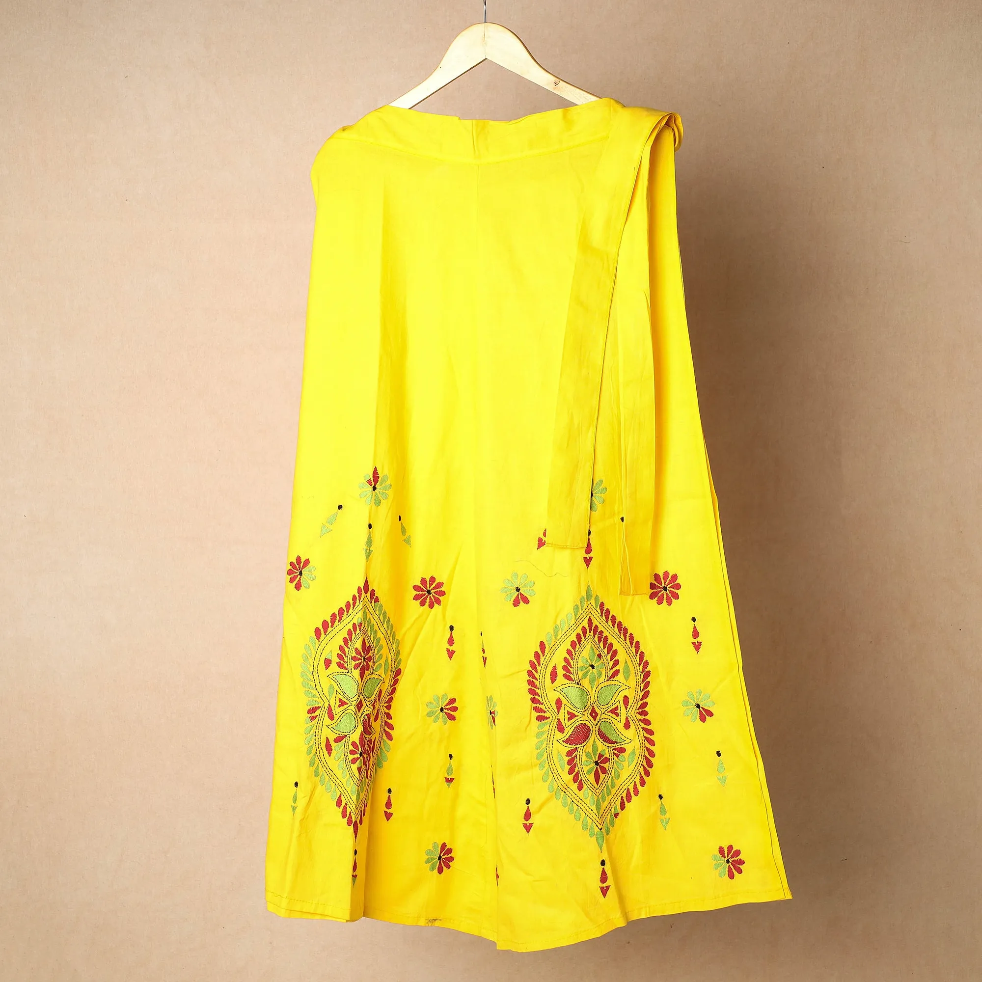 Yellow - Bengal Kantha Embroidery Cotton Wrap Around Skirt