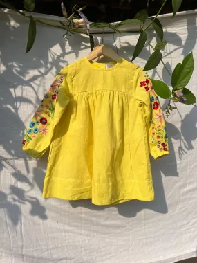 YELLOW EMBROIDERED GATHERED DRESS